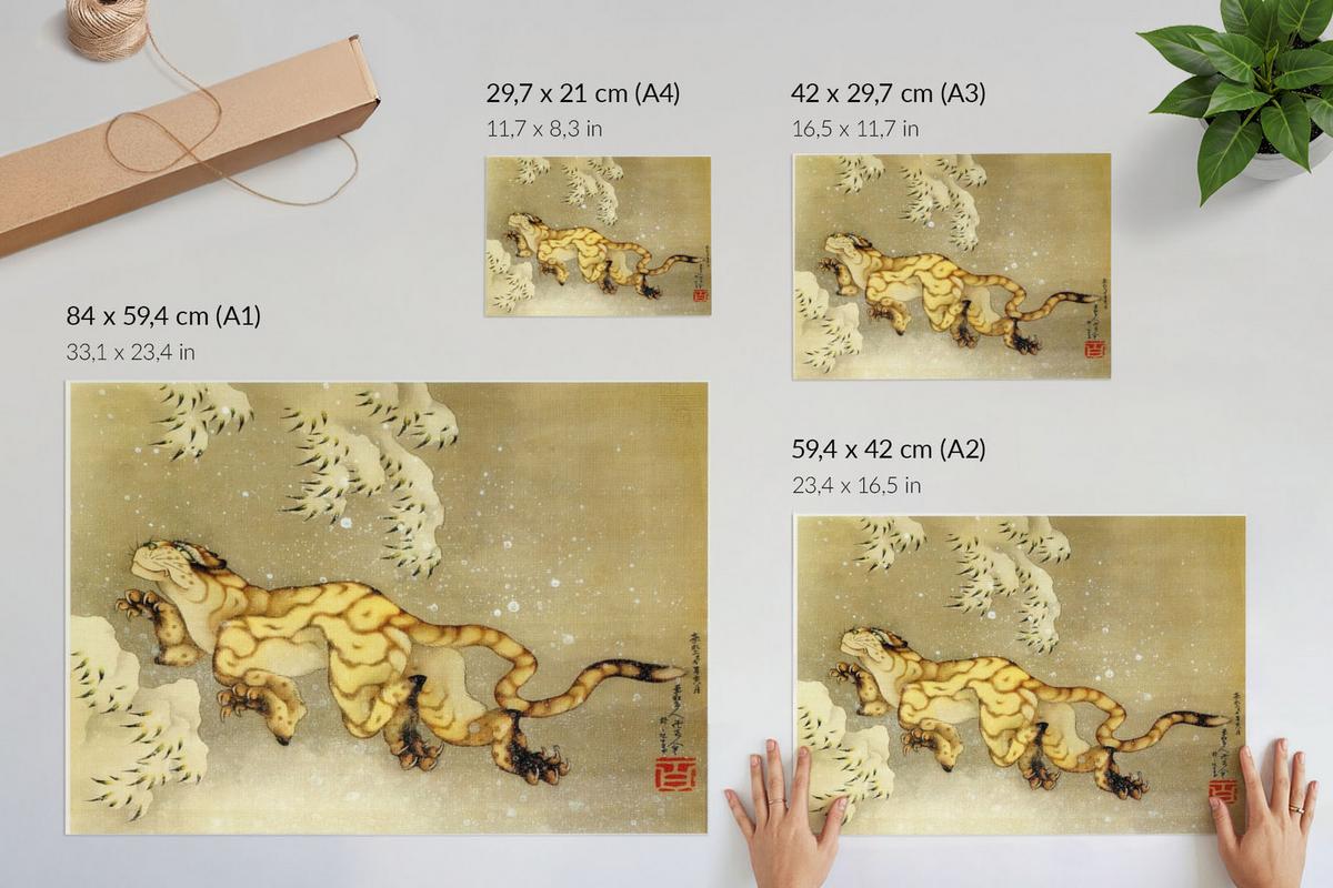 POSTER - 29x21 cm (A4) - Hokusai - Tiger im Schnee - Beige, Textil (29.7/21/0.1cm) - TULUP