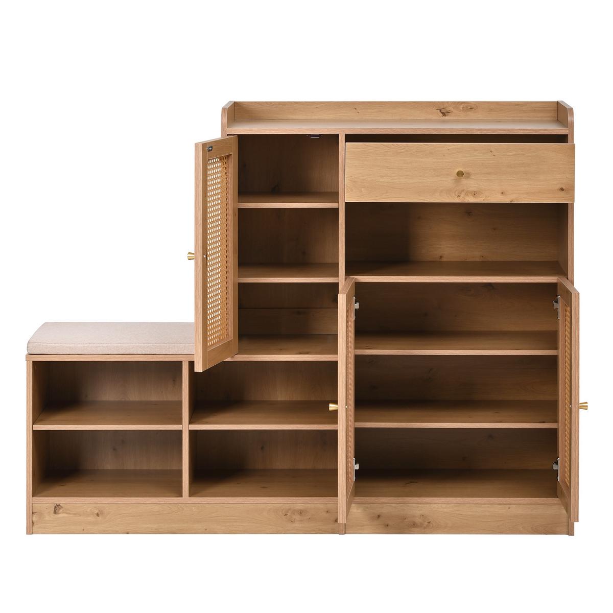 SCHUHSCHRANK rattan sitzbank holzoptik - Naturfarben, Holzwerkstoff (142/110/35cm) - Urban Meuble