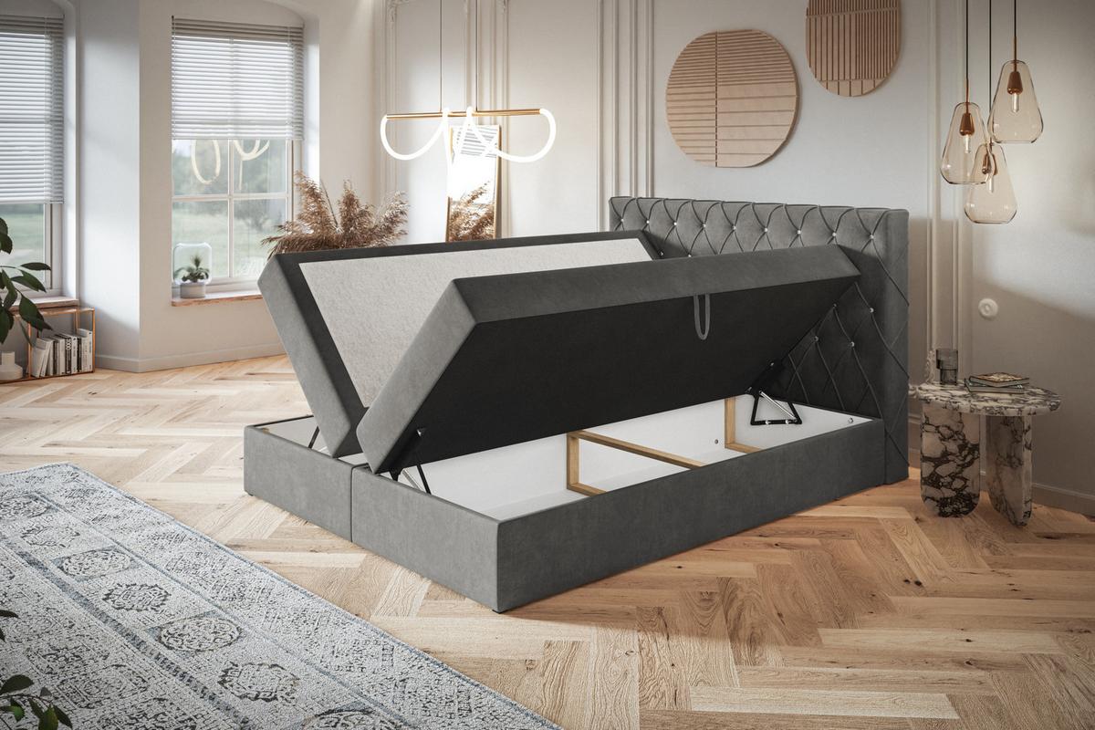 BOXBETT BOSTON mit 2 Bettkästen, 180x200, Farbe: Grau, Velourstoff, Doppelbett mit Bonell-Matratze - Grau, Holz/Kunststoff (180/200cm) - Alpi-Möbel