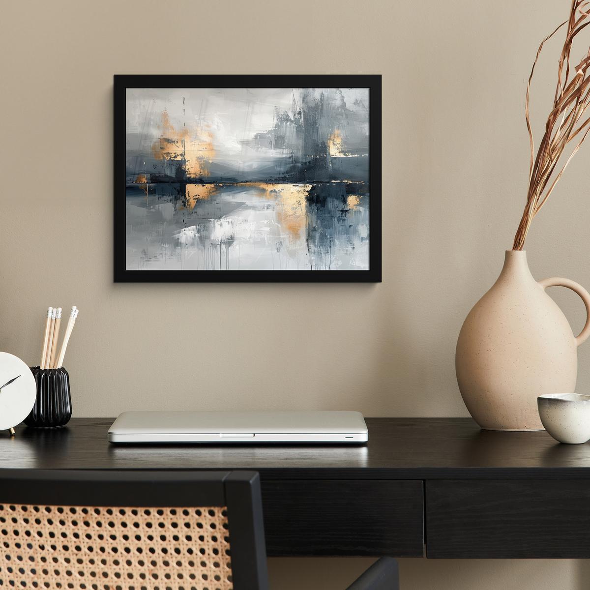 POSTER MIT RAHMENGERAHMTES BILD Kunst - Grau - Gold - Abstrakt 40x30 cm - Dunkelgrau, Papier (40/30cm) - MuchoWow