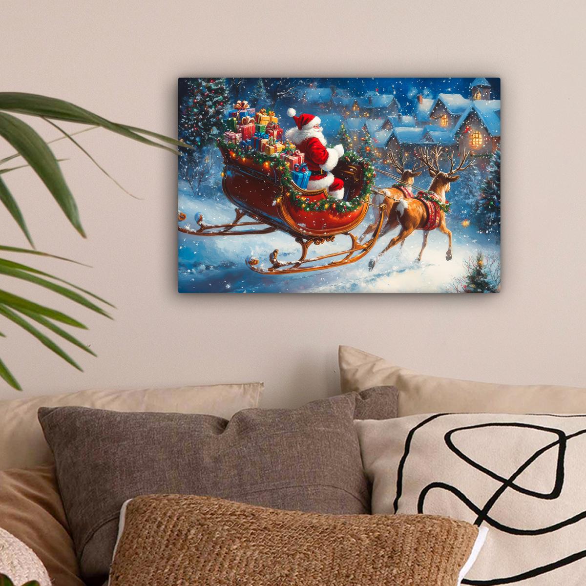 LEINWANDBILD Weihnachtsmann - Rentier - Weihnachten - Schnee Deko Schlafzimmer 30x20 cm - Cognac, Textil (30/20cm) - MuchoWow