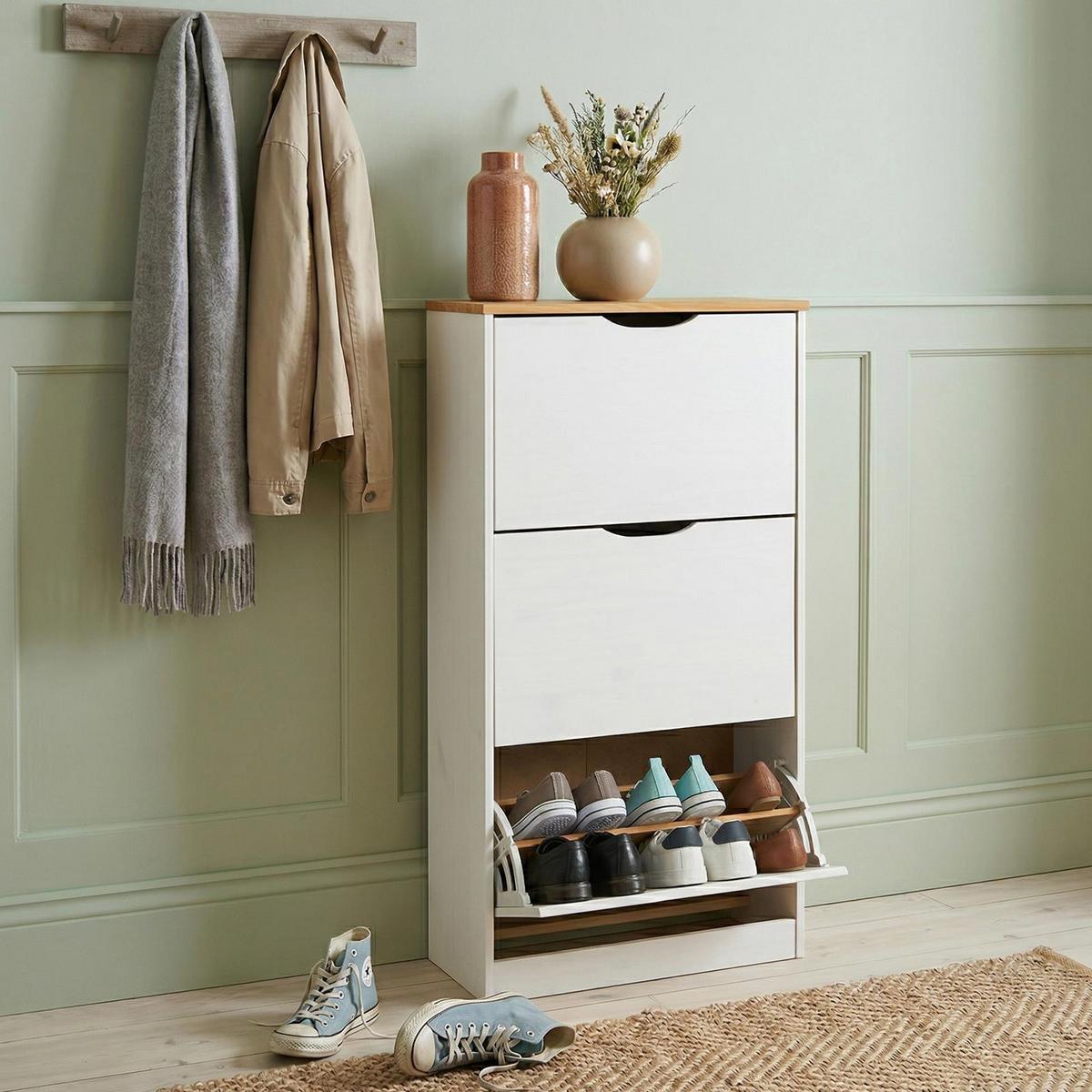 SCHUHSCHRANK BASIL weiß/braun - Weiß/Braun, Holz (59/116/25cm) - IDIMEX