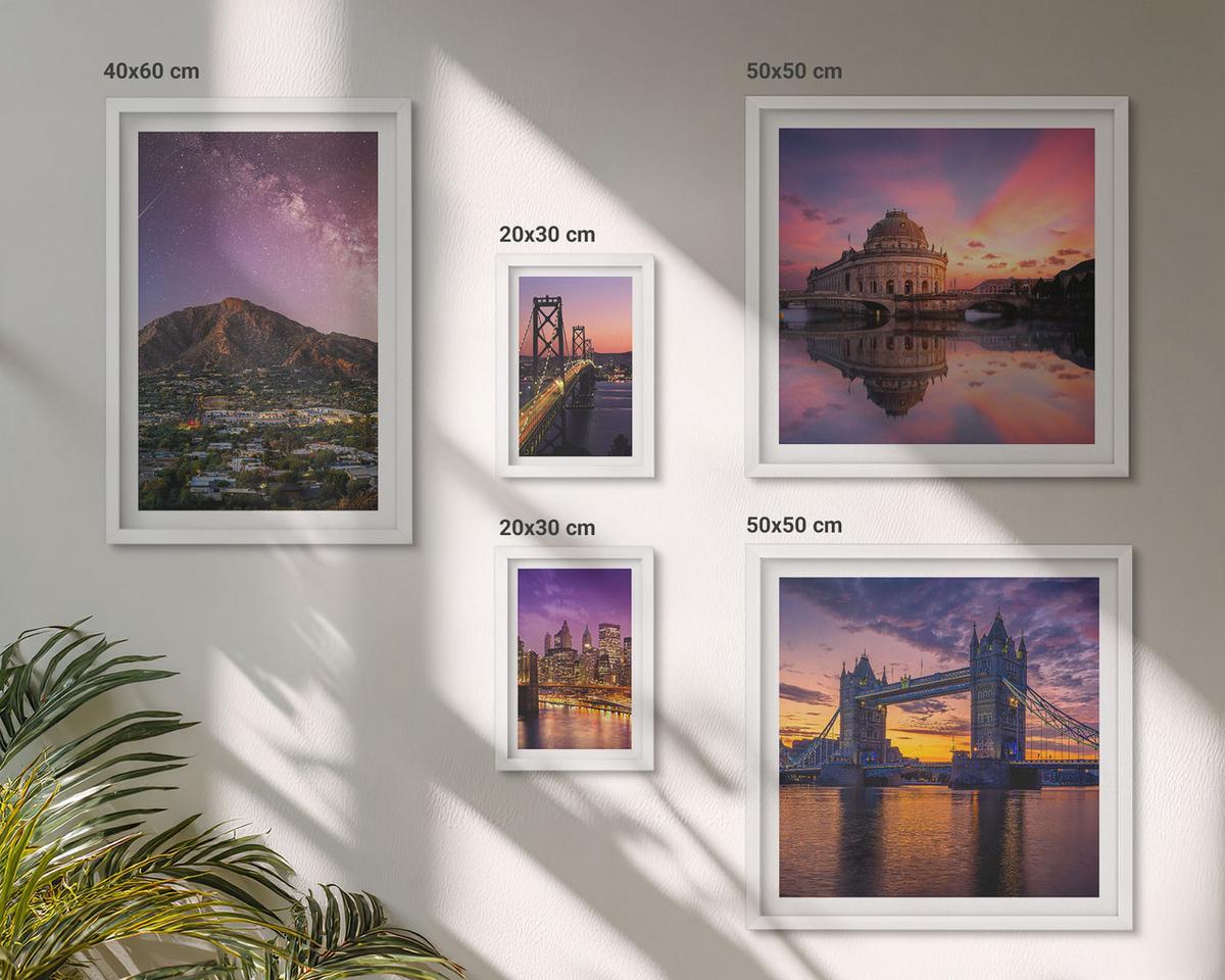 BILDER SET 5er Set - 50x50 cm & 20x30 cm & 40x60 cm Weißer Rahmen - Brücken, Sonne, Stadtblick - Weiß, Kunststoff (40/60cm) - TULUP