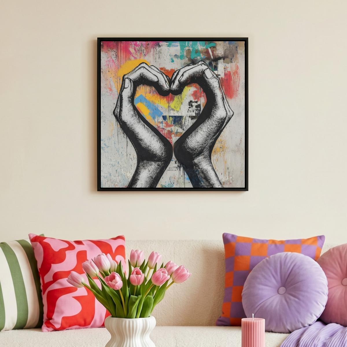 LEINWAND Bilder mit Rahmen - Hände - Herz - Straßenkunst - Graffiti - 50x50 - Multicolor, Textil (50/50cm) - MuchoWow