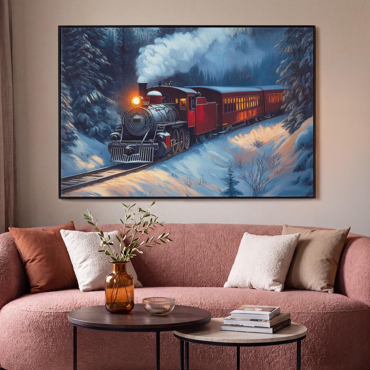 LEINWAND Bilder mit Rahmen - Zug - Weihnachten - Schnee - Weihnachtszug - 120x80 - Anthrazit, Textil (120/80cm) - MuchoWow