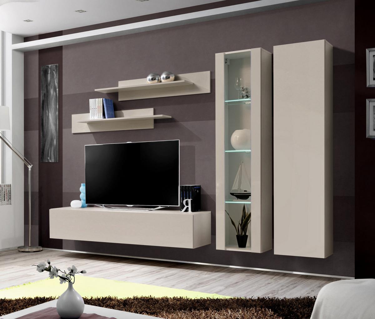 WOHNWAND Kaschmir 260 cm 5-teilig, Schrankwand hängend mit LED-Beleuchtung - Kaschmir, Glas/Holzwerkstoff (260/170/40cm) - Inn.Furn