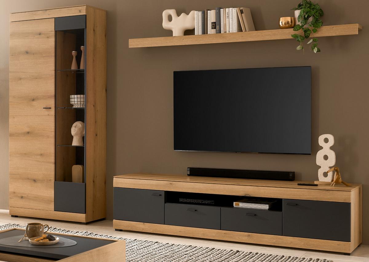 WOHNWAND Eiche, grau 300 x 201 cm, Wohnzimmer Set mit Soft-Close - Kaschmir/Eichefarben, Glas/Holzwerkstoff (300/201/45cm) - Furn.Design