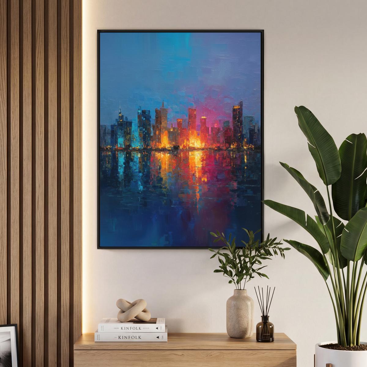 LEINWAND Bilder mit Rahmen - Skyline - Pinselstriche - Dunkelblau - Leuchtend - 70x100 - Blau, Textil (70/100cm) - MuchoWow