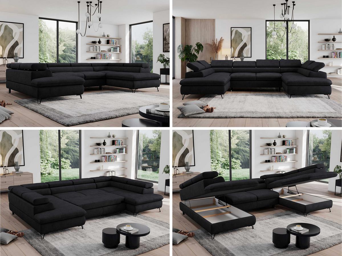 WOHNLANDSCHAFT PEDRO U Samt Schwarz - Schwarz, Textil/Metall (346/76/208cm) - MKS
