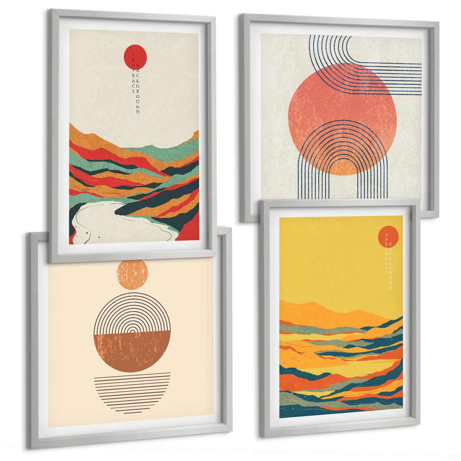 BILDER SET 4er Set - 50x50 cm & 40x60 cm Silberner Rahmen - Farbenfrohe Muster der Japandi-Flussberge - Silberfarben, Kunststoff (50/50cm) - TULUP