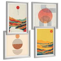 BILDER SET 4er Set - 50x50 cm & 40x60 cm Silberner Rahmen - Farbenfrohe Muster der Japandi-Flussberge - Silberfarben, Kunststoff (50/50cm) - TULUP