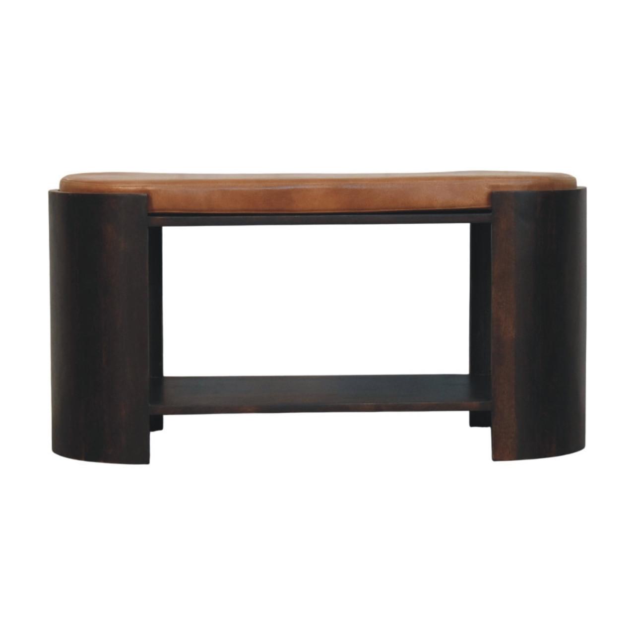 SITZBANK mit Samt-Mokka-Finish, 1 offene Ablage, Bezug aus echtem Leder, dunkelbraun - Dunkelbraun/Braun, Leder/Holz (90/44/35cm) - Artisan Furniture