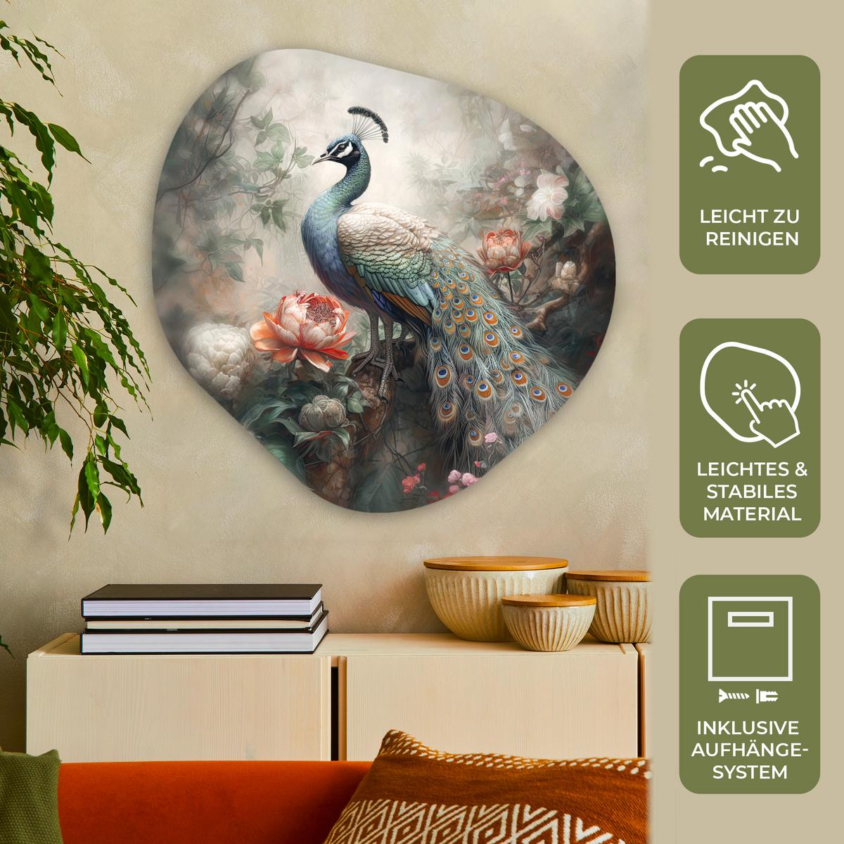 WANDBILD Pfau - Pfauenfedern - Vogel - Dschungel - Blumen Room Decor 90x90 cm - Smaragdgrün, Kunststoff (90/90cm) - MuchoWow