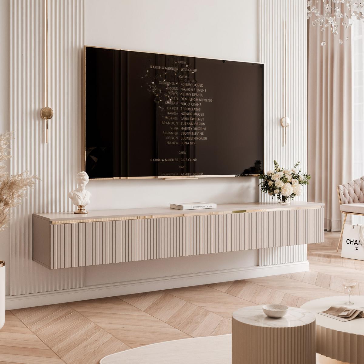 HÄNGENDER TV-Schrank SELIA 200 cm, geriffelt, Kaschmir mit goldener Zierleiste - Kaschmir, Holzwerkstoff (200/28.5/35cm) - Idohome