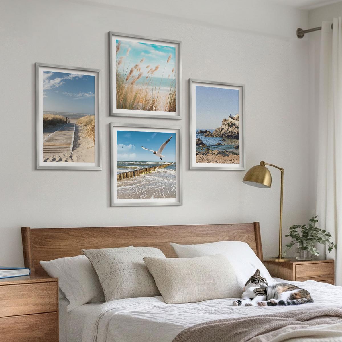 BILDER SET 4er Set - 50x50 cm & 40x60 cm Silberner Rahmen - Strand Holzsteg Klippen - Silberfarben, Kunststoff (50/50cm) - TULUP