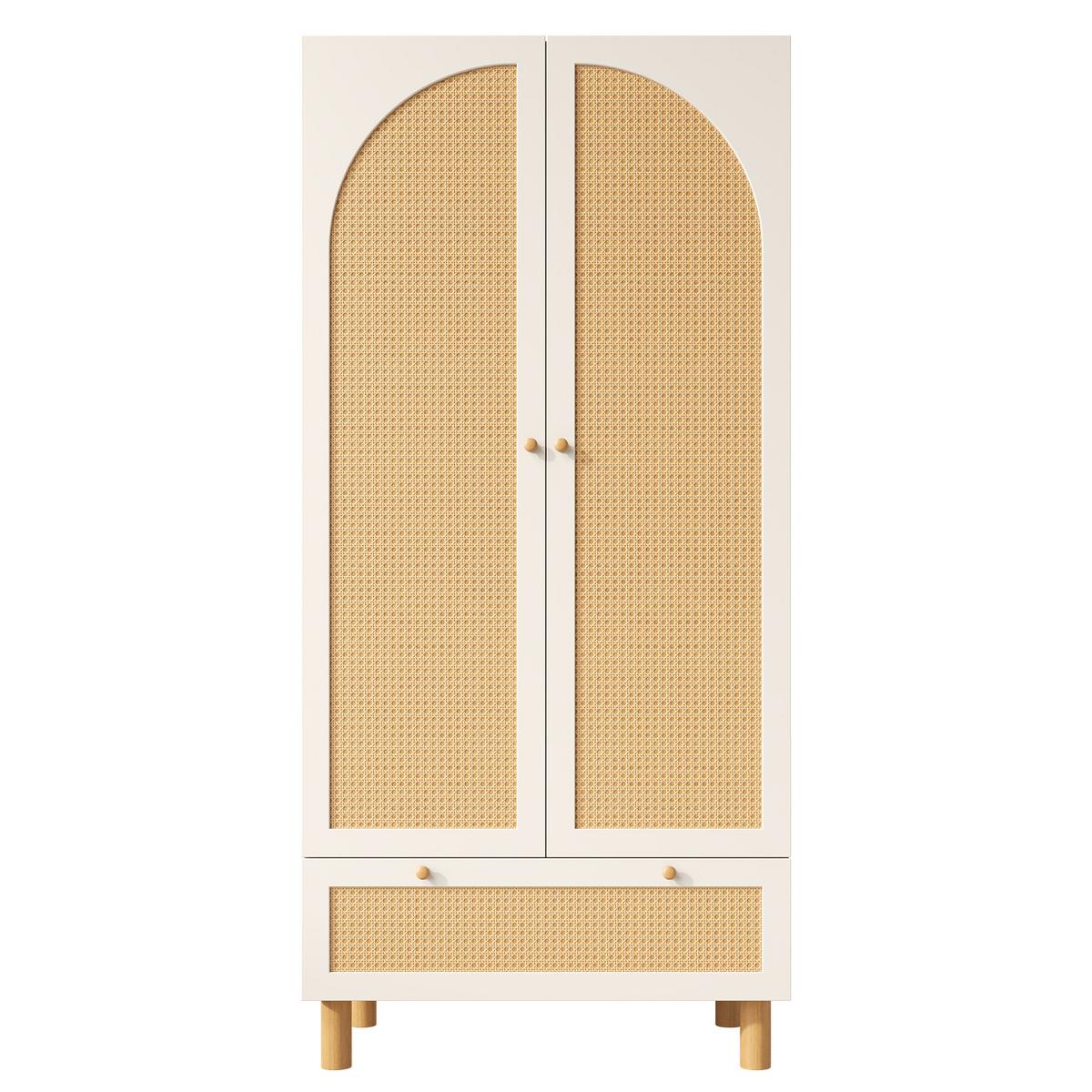 KLEIDERSCHRANK Weiß mit Rattan & Schublade Landhausstil 180×85×52 cm - Weiß, Holzwerkstoff (85/181/52cm) - Urban Meuble