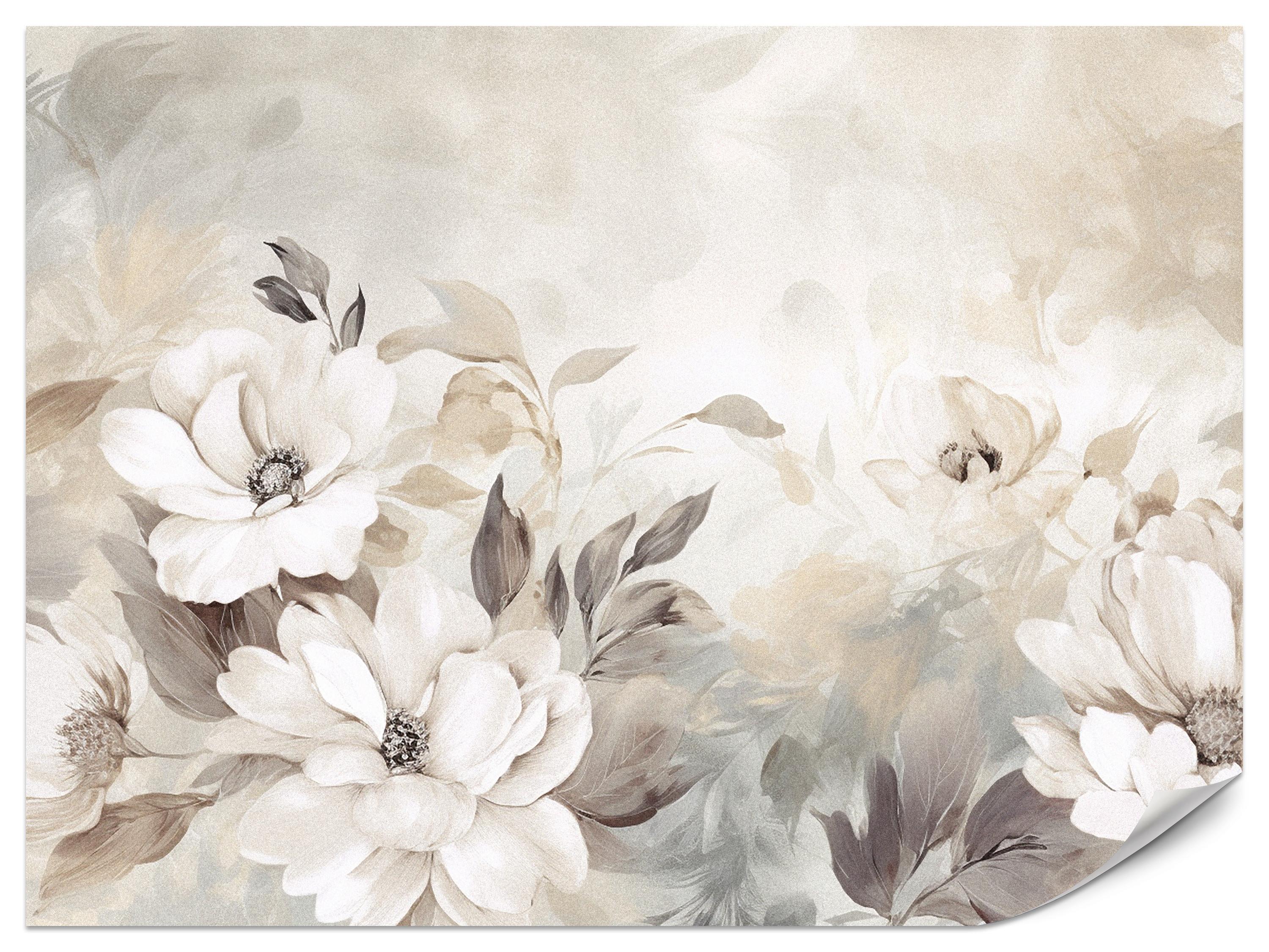 FOTOTAPETE für Schlafzimmer Abstrakte Creme Blumen Aquarell 300x210 - Beige/Braun, Papier (300/210cm) - Muralo
