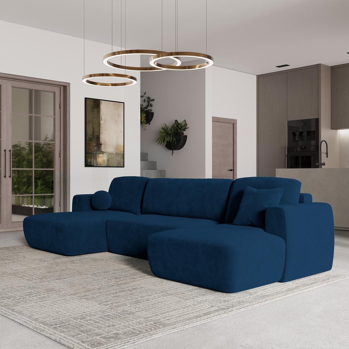 WOHNLANDSCHAFT SENTUM K Blau Plüsch-Stoff mit Schlaffunktion - Blau/Schwarz, Holz/Kunststoff (330/90/148cm) - MASSENO