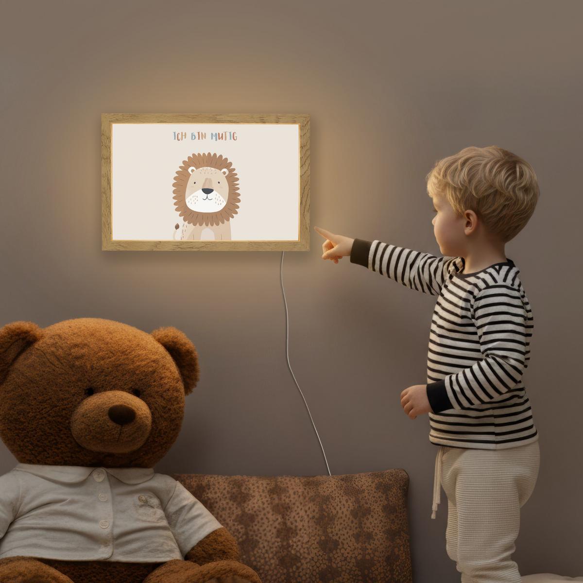 NACHTTISCHLAMPE Löwe - Beige - Tier - Mutig - Zitat 30x20 cm - Beige, Holzwerkstoff (8/30/20cm) - OnlyWow