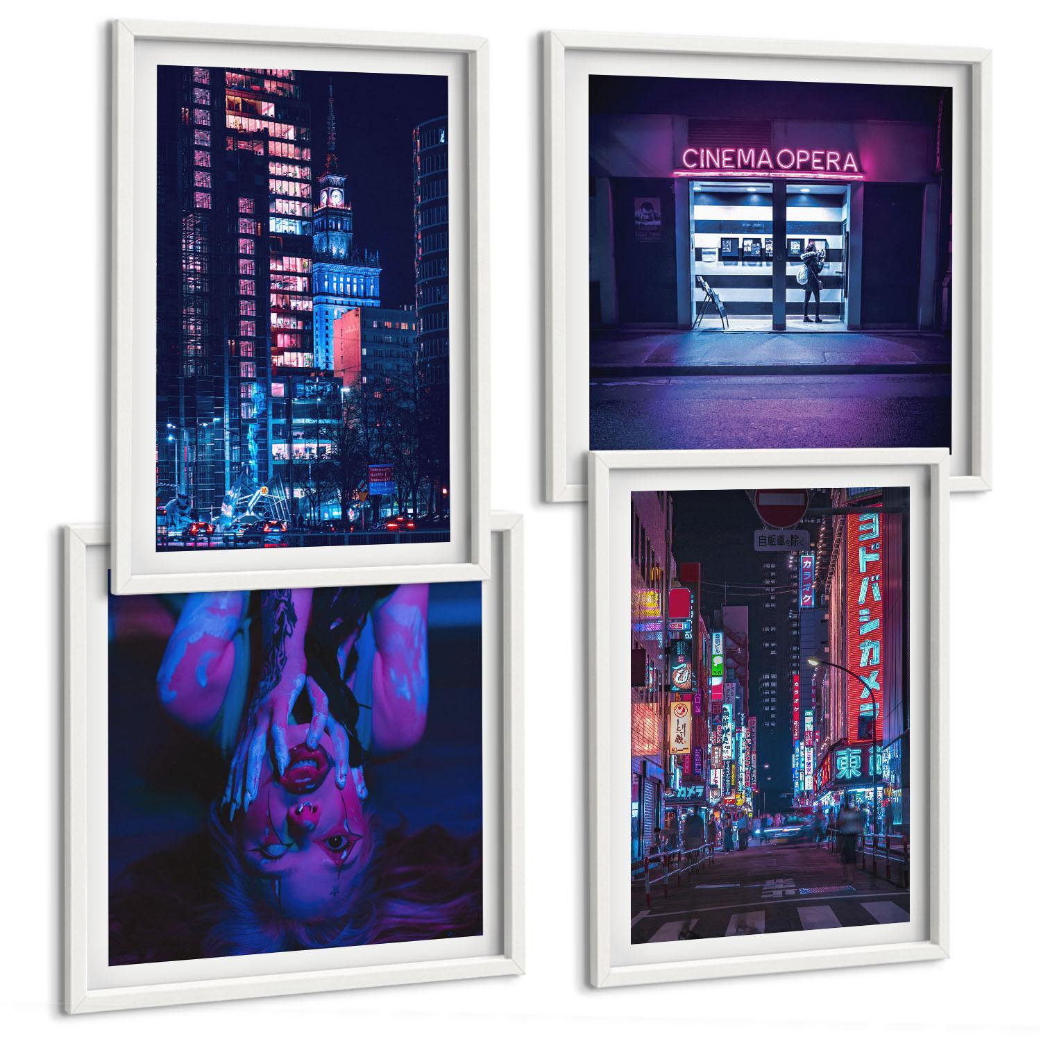 BILDER SET 4er Set - 50x50 cm & 40x60 cm Weißer Rahmen - Nachtstadt mit Neonlichtern - Weiß, Kunststoff (50/50cm) - TULUP