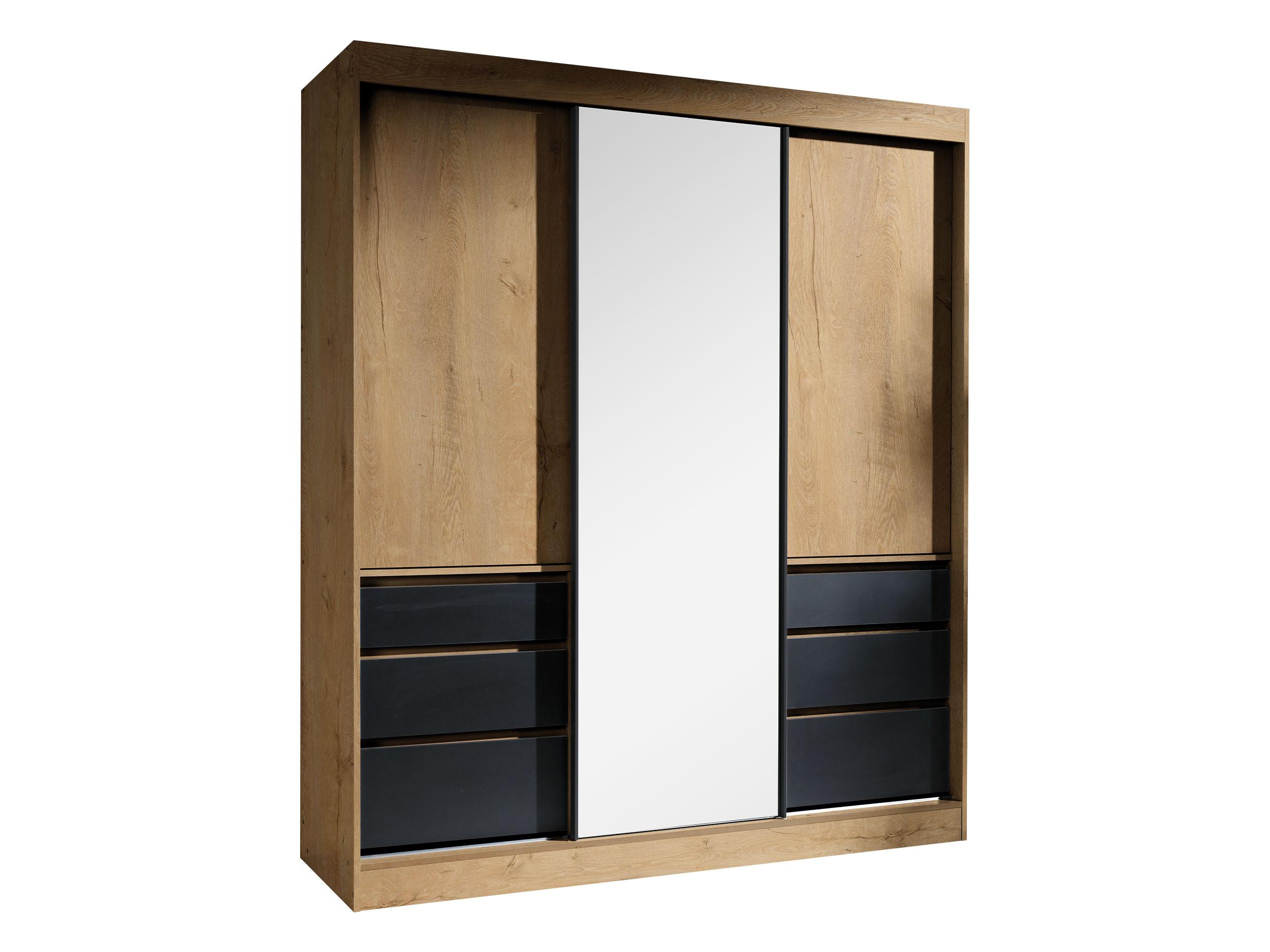 SCHWEBETÜRENSCHRANK Haiti 180 mit Spiegel - Eichefarben/Schwarz, Holzwerkstoff (180/216/65cm) - MIRJAN24