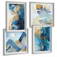 BILDER SET 4er Set - 50x50 cm & 40x60 cm Silberner Rahmen - Goldmuster in den blauen Bergen - Silberfarben, Kunststoff (50/50cm) - TULUP