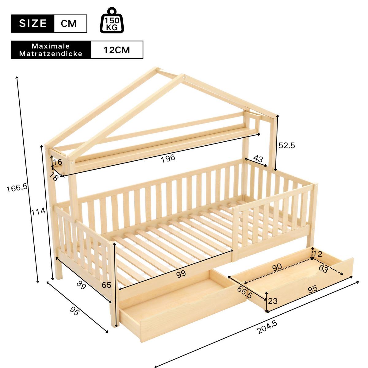 KINDERBETT HAUSBETT 90x200 massivholz in natur mit 2 schubladen - Naturfarben, Holz (90/200cm) - Urban Meuble