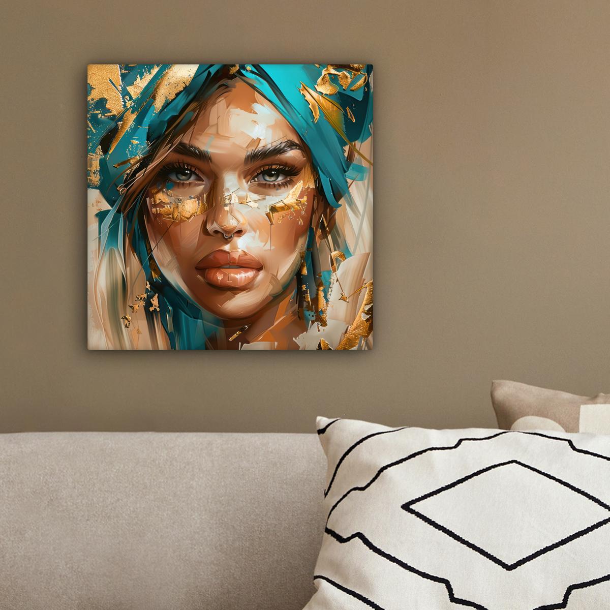LEINWANDBILD Frau - Porträt - Gold - Luxus - Blau Deko Wohnzimmer 20x20 cm - Türkis, Textil (20/20cm) - MuchoWow