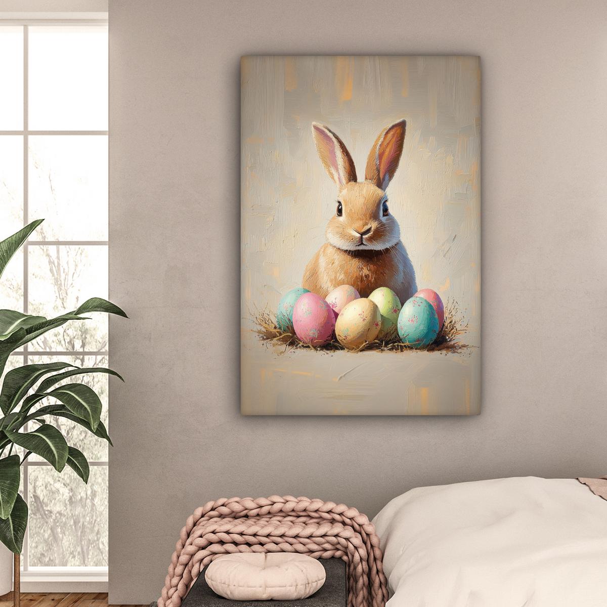 LEINWANDBILD Osterhase - Pastell - Eier Deko XXL 80x120 cm - Beige, Textil (80/120cm) - MuchoWow