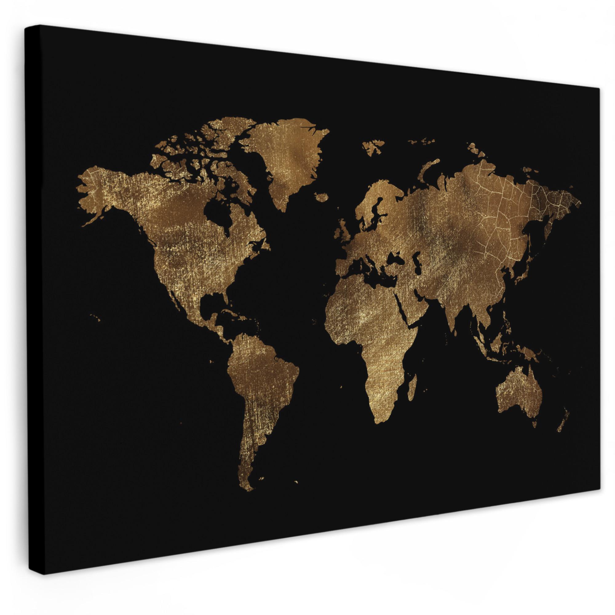 LEINWANDBILD Weltkarte - Gold - Luxus - Erde - Schwarz Wohnzimmer Groß 120x80 cm - Goldfarben, Textil (120/80cm) - MuchoWow