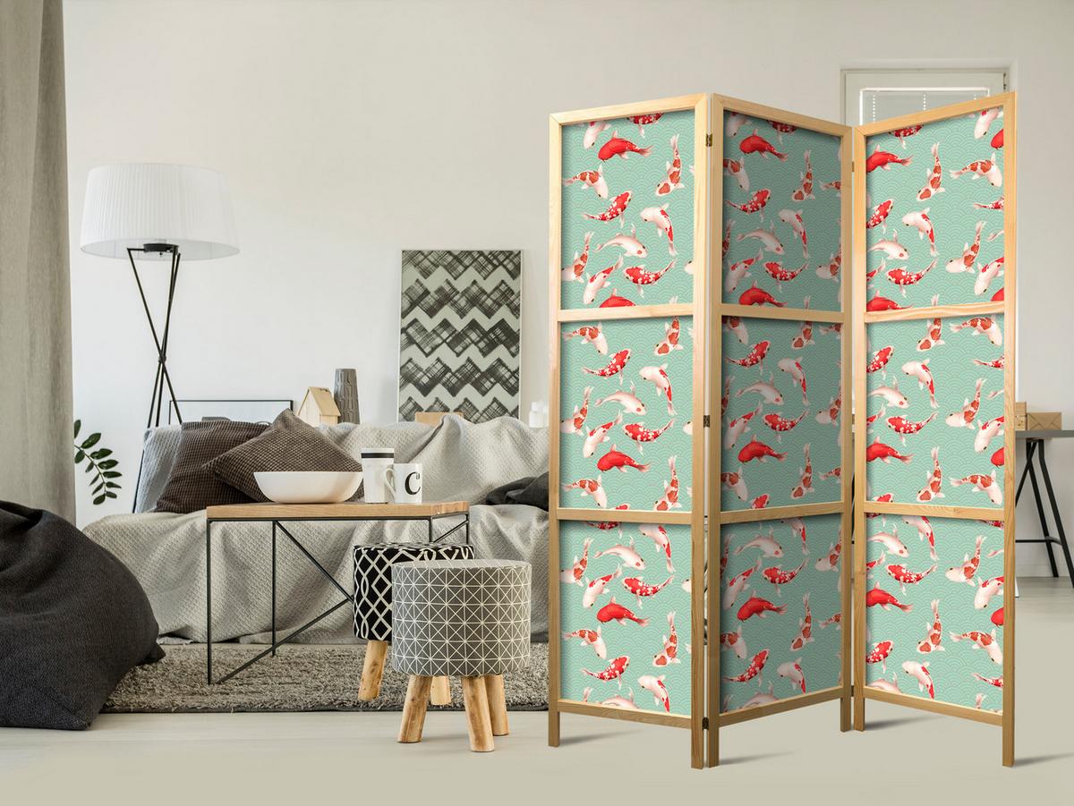 PARAVENT Japanischer 3-tlg 135x172 cm Koi-Fische - Grün, Holz/Textil (135/172/3cm) - Muralo