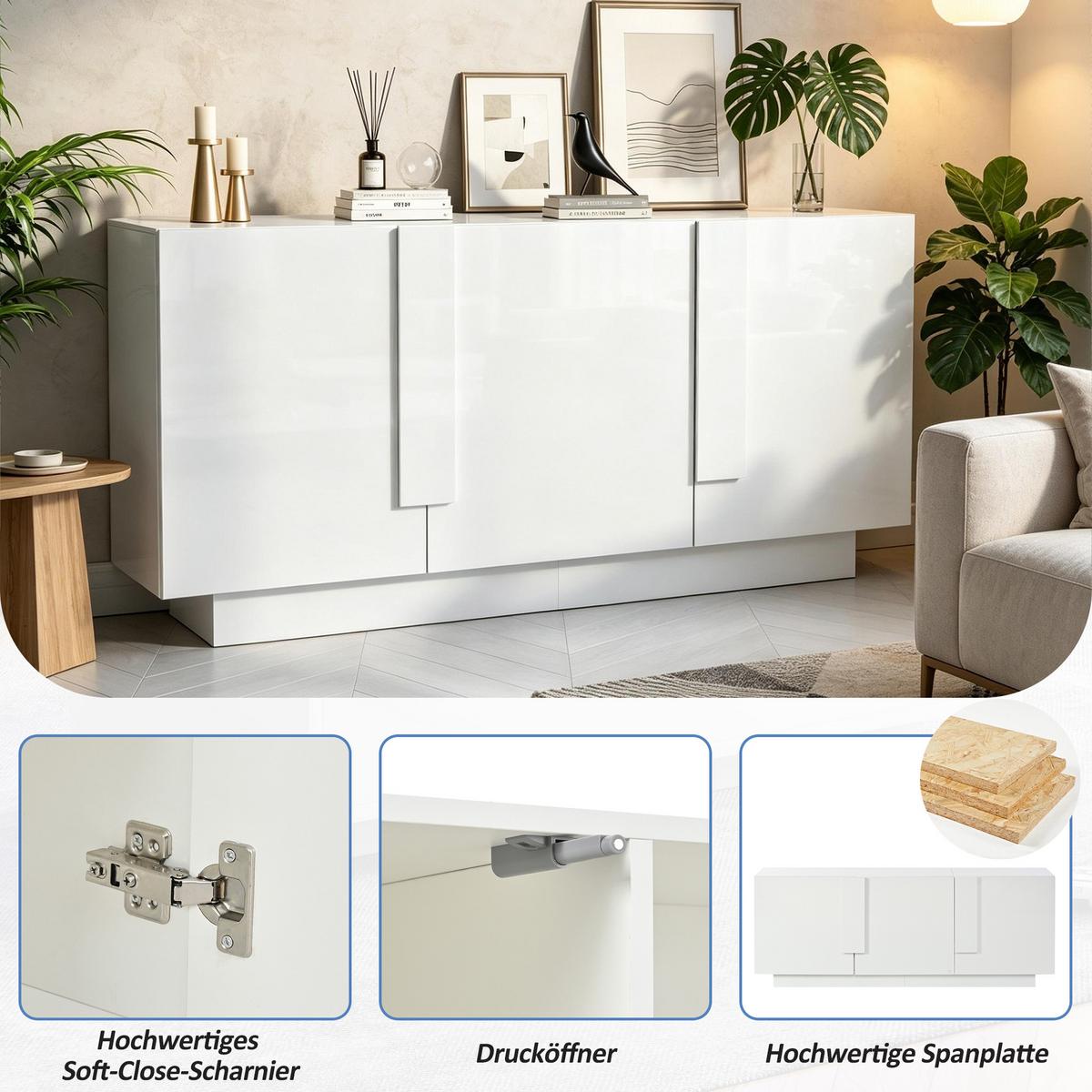 SIDEBOARD 160cm Weiß Hochglanz – Kommode mit 3 Türen & 6 Fächern - Weiß, Holzwerkstoff (35/60/160cm) - Urban Meuble