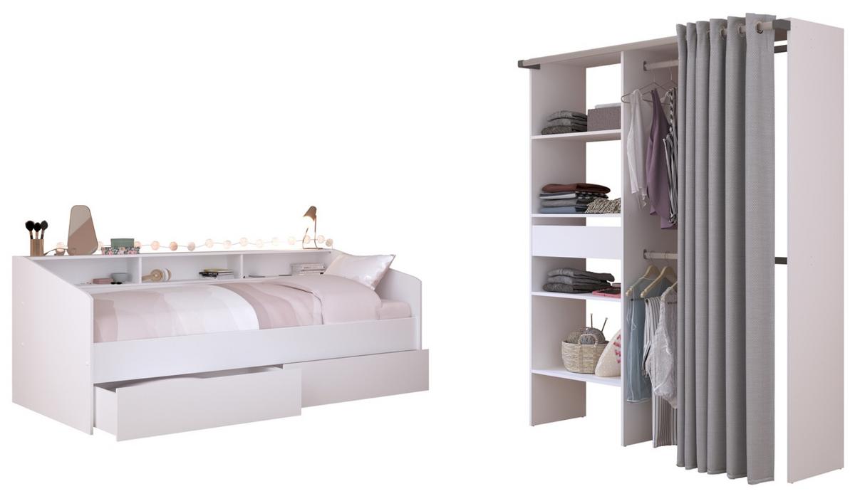 KINDERZIMMER-SET 2-teilig weiß, Jugendzimmer mit Stauraumbett - Weiß, Holzwerkstoff/Metall (203/182/113cm) - Parisot Meuble