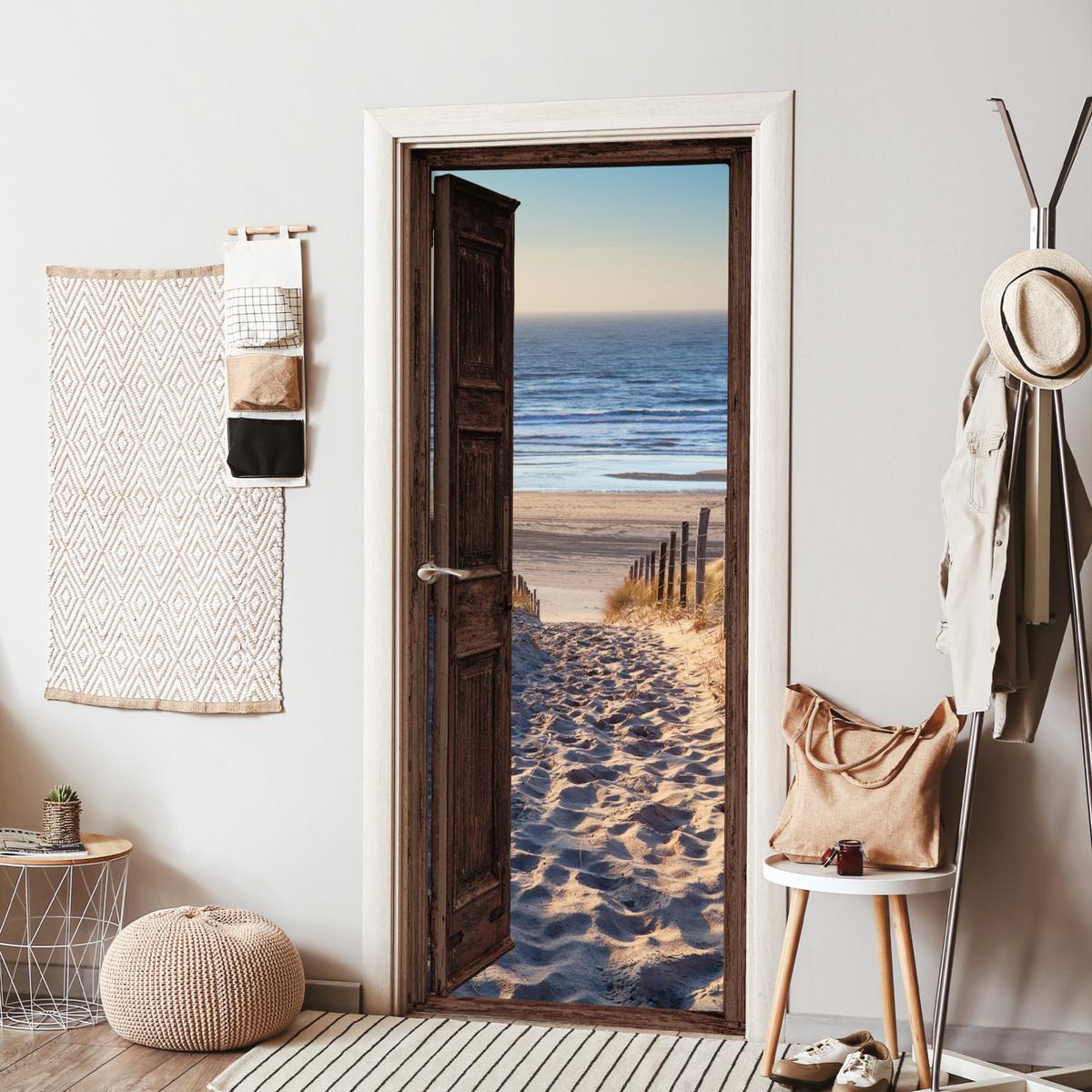 TÜRAUFKLEBER Durchblick - Strand - Meer - Weg - Dünen Fototapete 75x205 cm - Türtapete - Sandfarben, Kunststoff (75/0.1cm) - MuchoWow