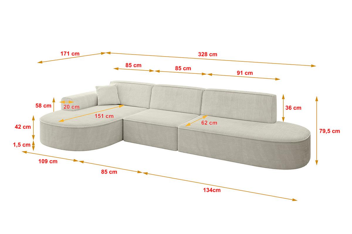 ECKSOFA Ottomane Links MARI-L2 - 328x171x79 cm Creme Cord - Hellgrau/Creme, Holzwerkstoff/Kunststoff (171/321cm) - ALTDECOR