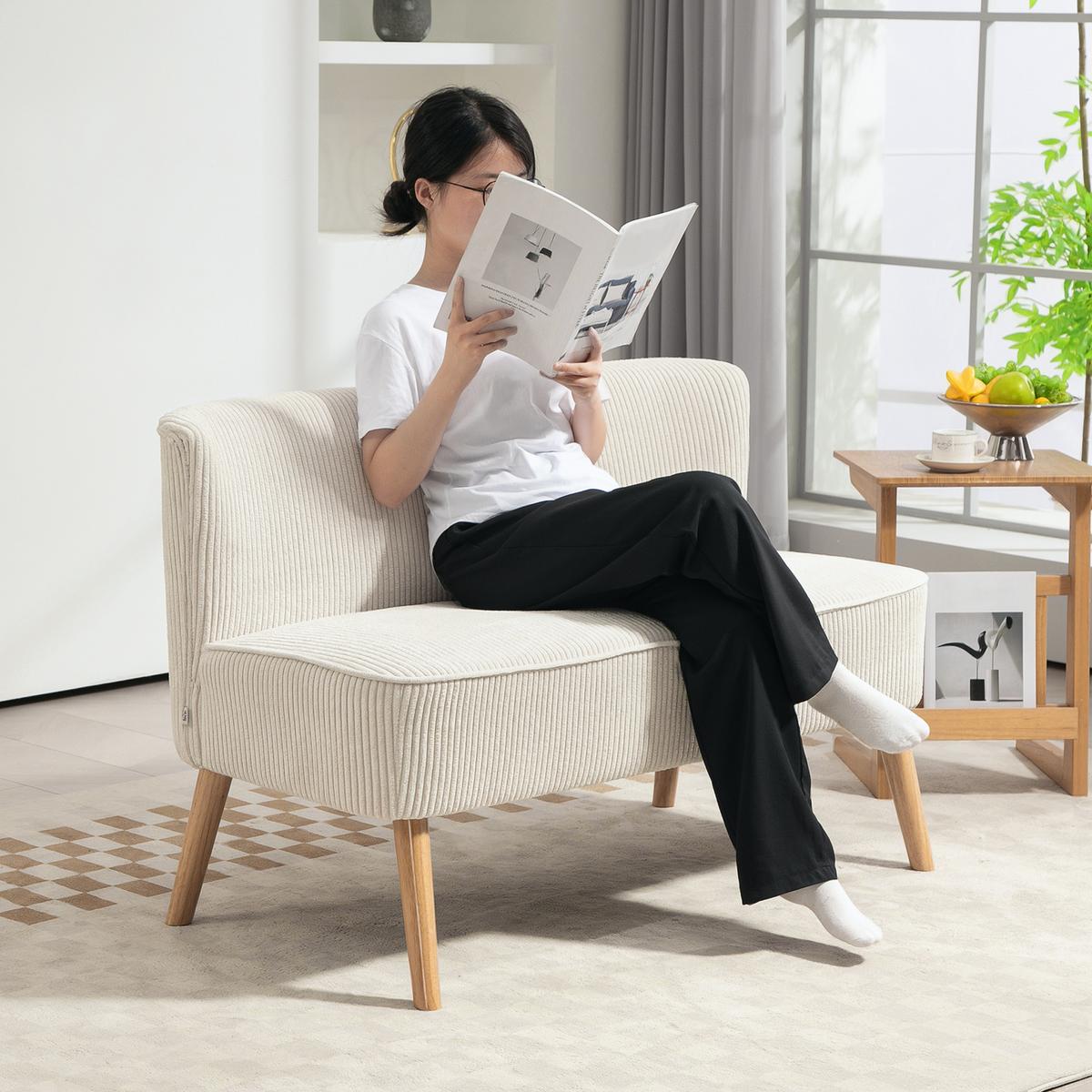 SOFA 2 Sitzer modern Couch ohne Armlehne Polstersofa mit Cord-Optik Cremeweiß - Perlmutt/Creme, Holz/Textil (56.5/77/117cm) - HOMCOM