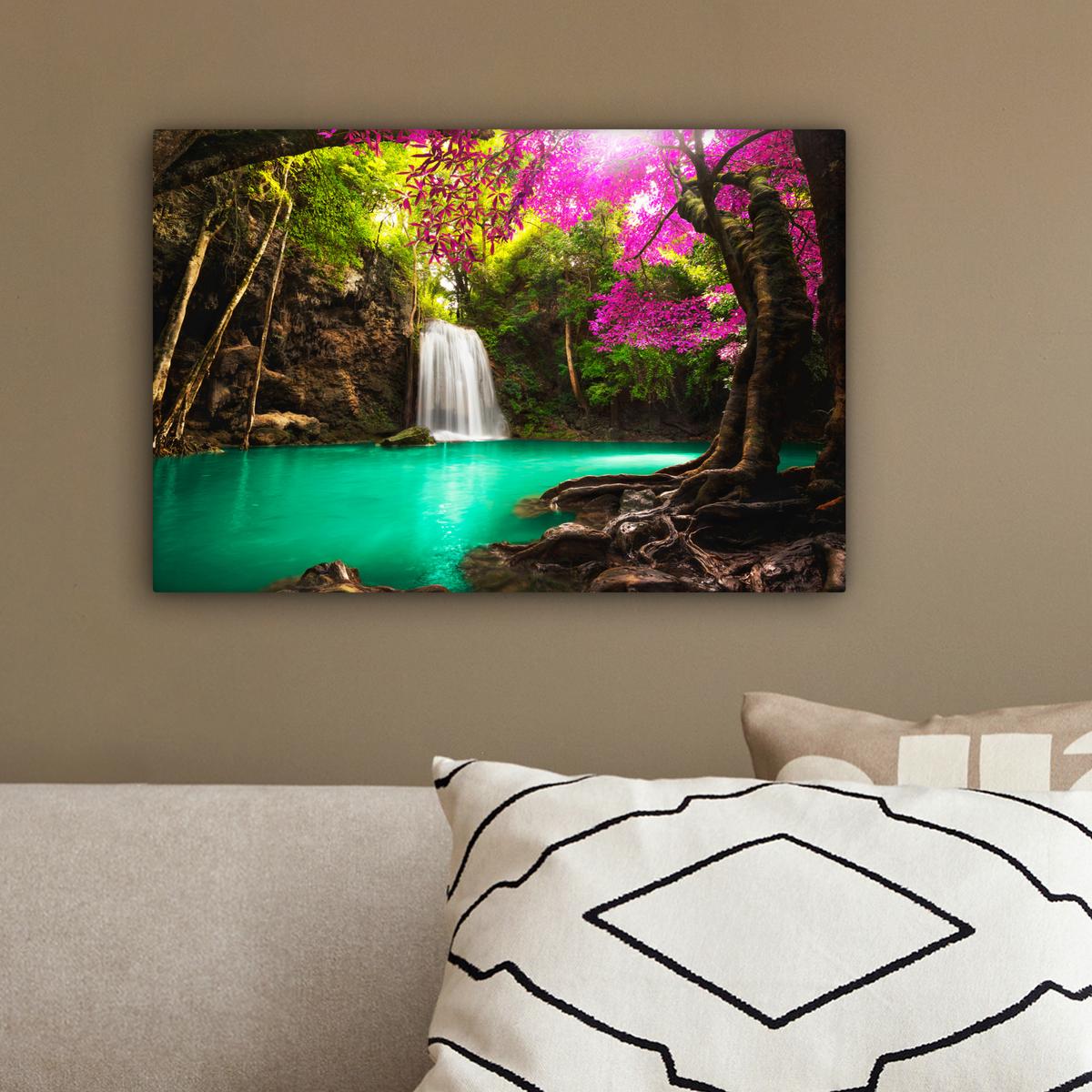 LEINWANDBILD Wasserfall mit bunten Blumen und Bäumen - Natur - Dschungel Deko Schlafzimmer 30x20 cm - Waldgrün, Textil (30/20cm) - MuchoWow