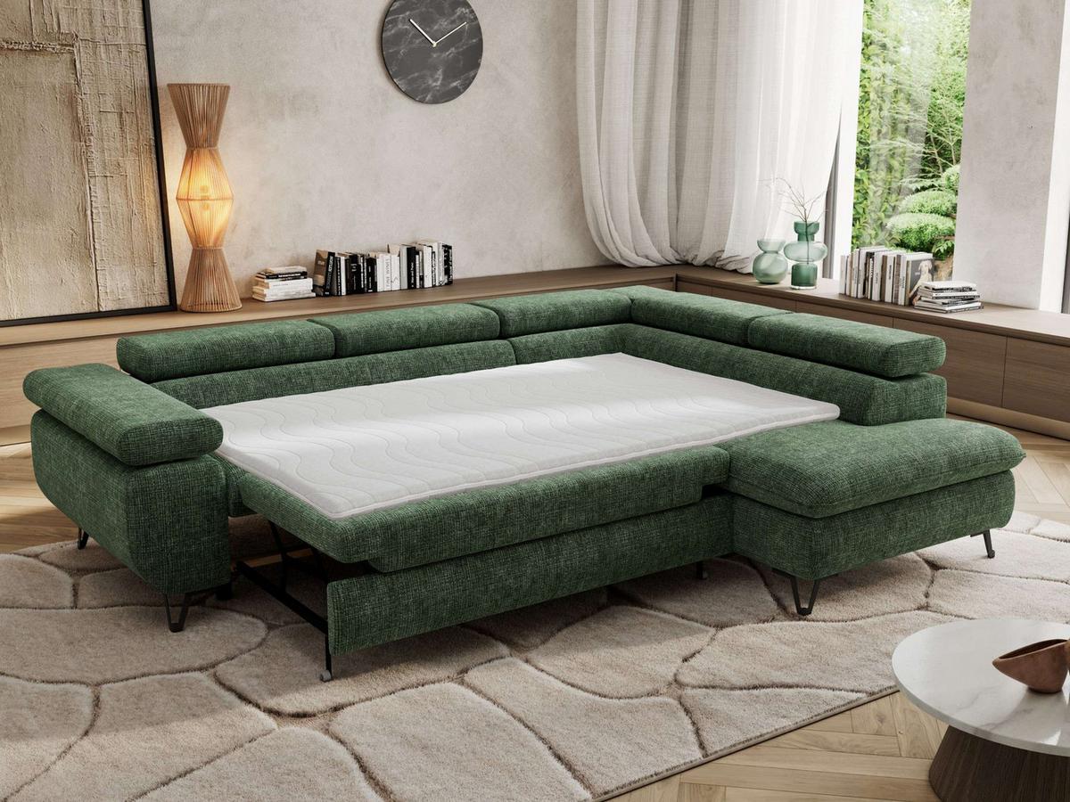 ECKSOFA PABLO L Dunkelgrün Schenille grob gewebt - Rechts Seite - Dunkelgrün/Schwarz, Textil/Metall (273/208cm) - MKS