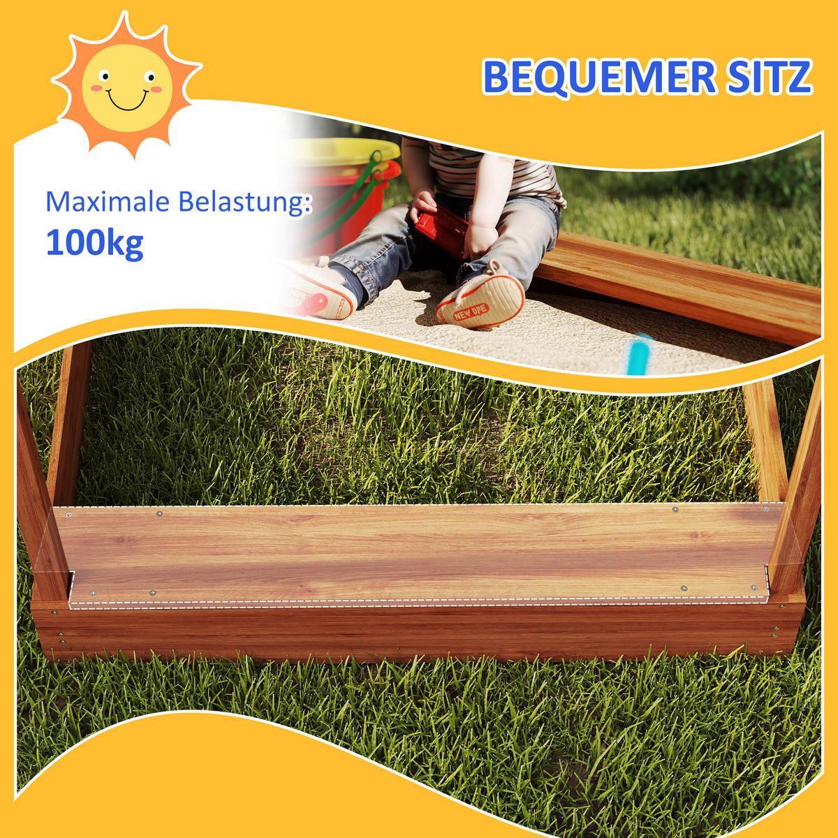 SANDKASTEN mit Dach, Sandkiste aus Holz mit Sitzplatz, Spielhaus für 3-7 Jahre - Orange, Holz (124/116/146cm) - Outsunny