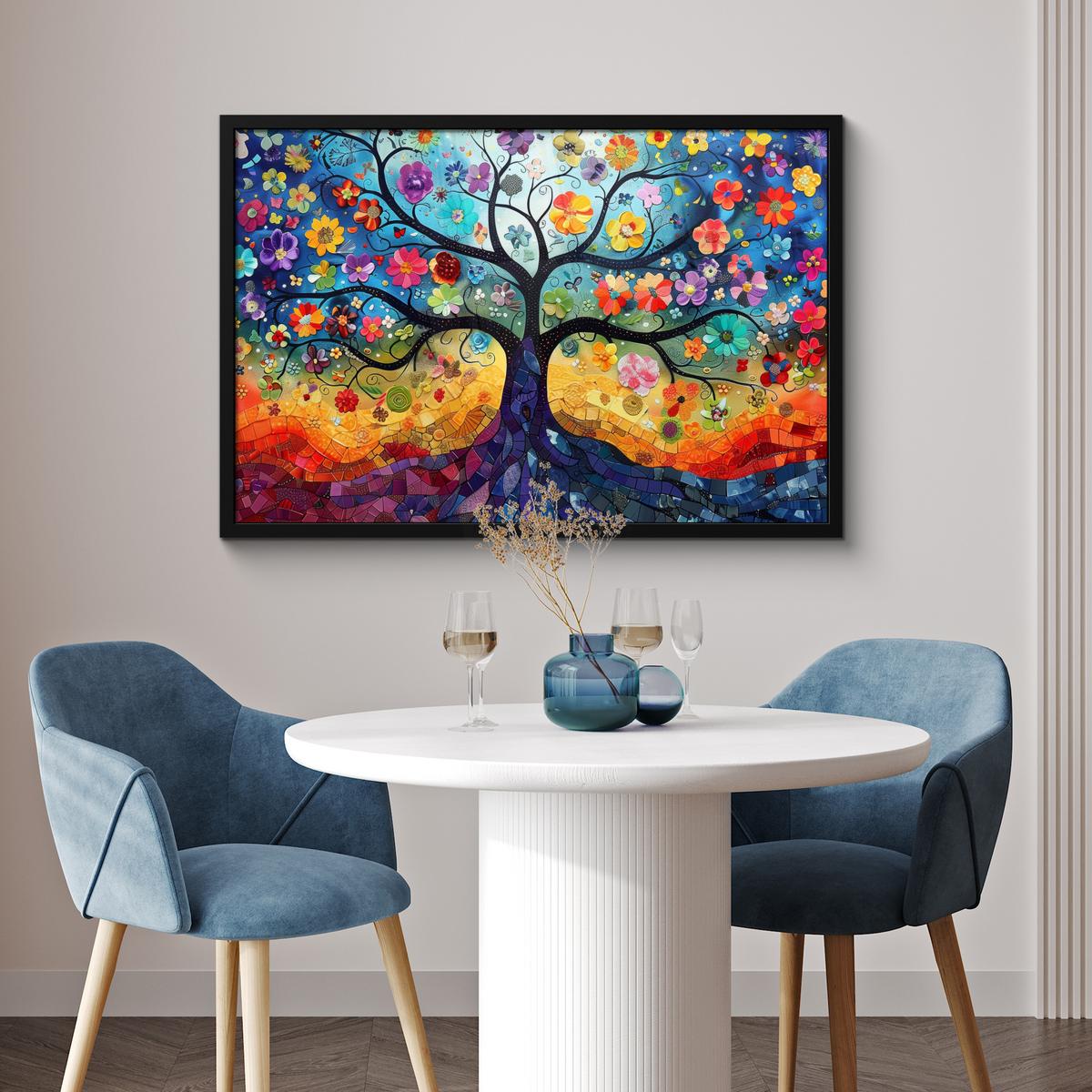 POSTER MIT RAHMENGERAHMTES BILD Kunst - Baum des Lebens - Blumen - Hippie 90x60 cm - Dunkelblau, Papier (90/60cm) - MuchoWow