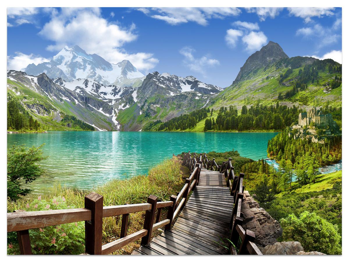 FOTOTAPETE für Wohnzimmer Holzsteg Bergsee Pflanzen Ruhe 200x140 - Türkis/Blau, Papier (200/140cm) - Muralo