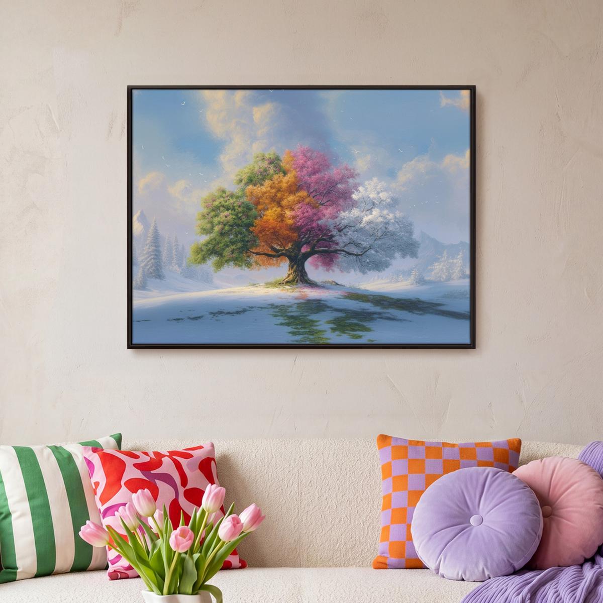 LEINWAND Bilder mit Rahmen - Baum - Jahreszeiten - Winter - Landschaft - 80x60 - Multicolor, Textil (80/60cm) - MuchoWow