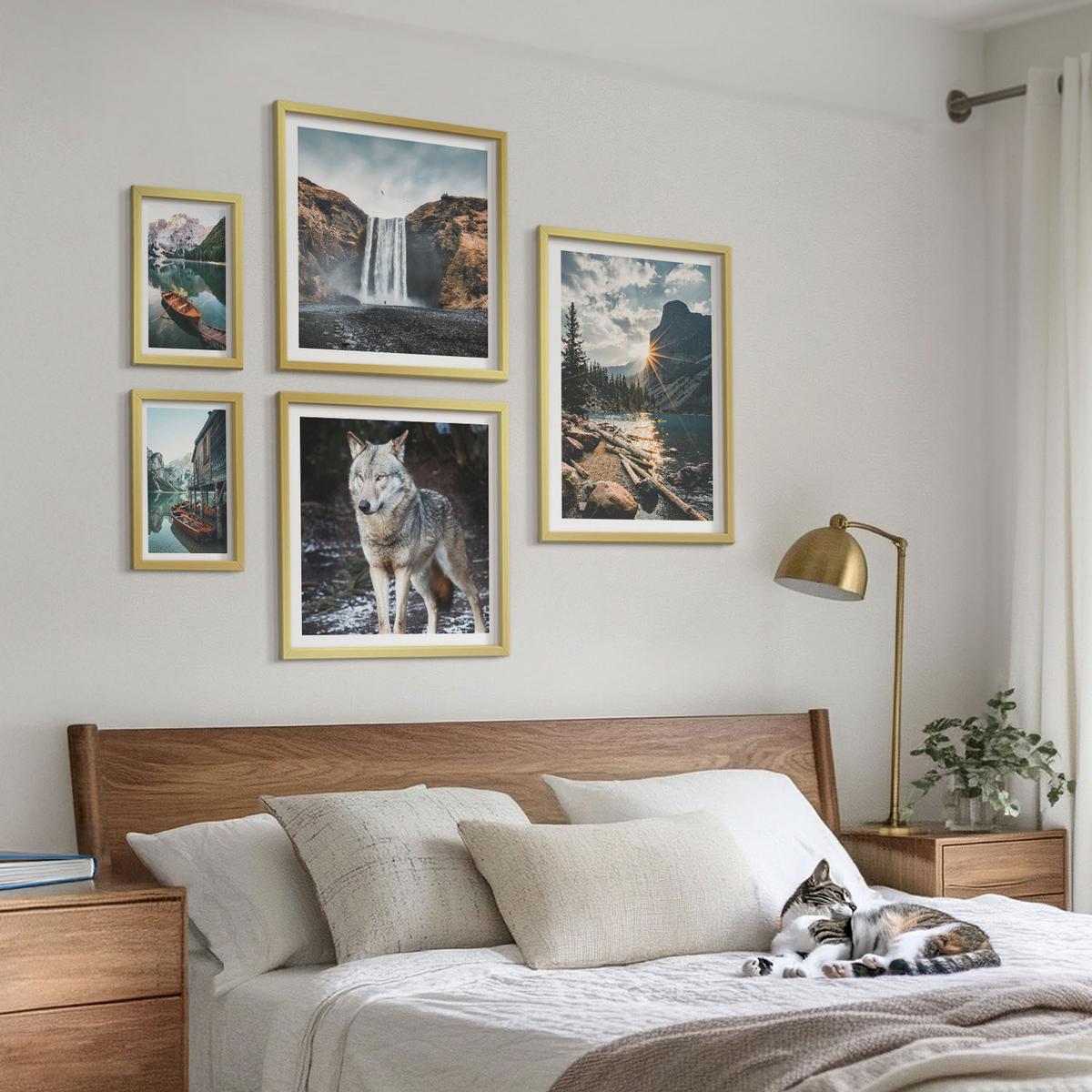 BILDER SET 5er Set - 50x50 cm & 20x30 cm & 40x60 cm Goldrahmen - Berge, Seen, Wasserfall, Wolf - Goldfarben, Kunststoff (40/60cm) - TULUP