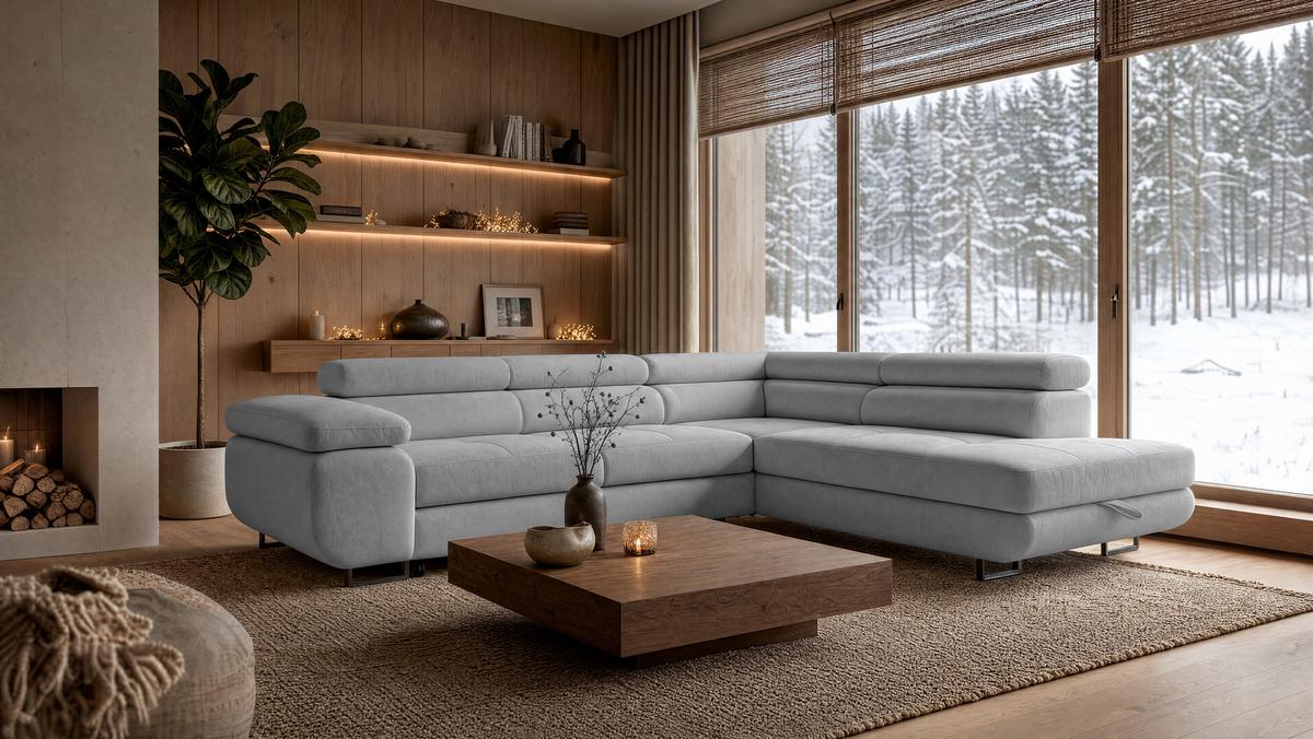 ECKSOFA Velmo mit Bettkasten und Schlaffunktion, verstellbaren Kopfstützen, in L-Form - Hellgrau, Textil (275/203cm)