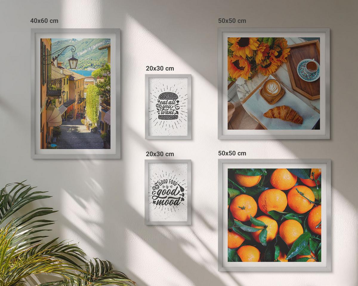 BILDER SET 5er Set - 50x50 cm & 20x30 cm & 40x60 cm Silberner Rahmen - Juicy Oranges Kitchen - Silberfarben, Kunststoff (40/60cm) - TULUP