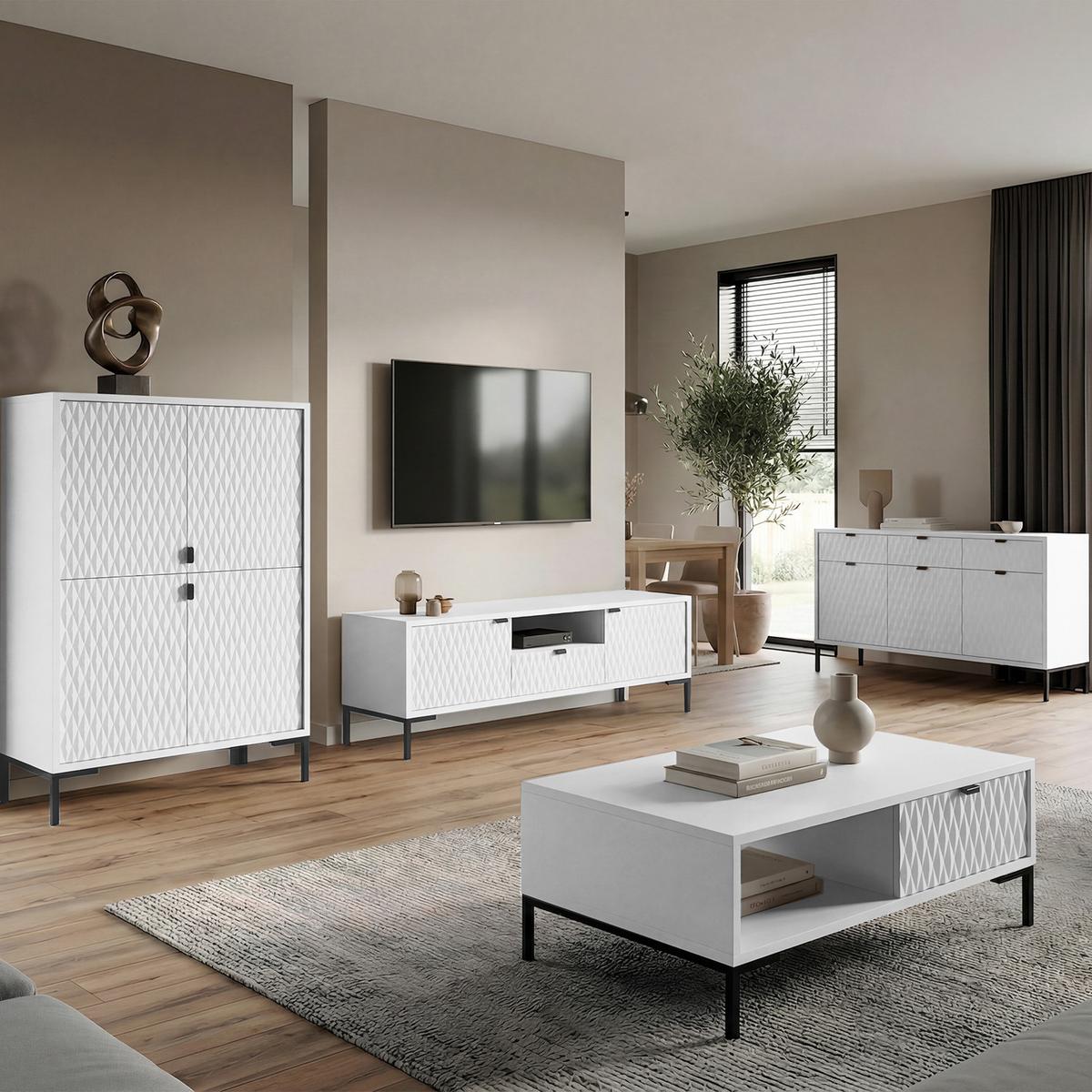 KOMMODE Montreal mit 4 Türen, dekorative 3D-Fronten, Highboard 100 cm, Weiß - Schwarz/Weiß, Holzwerkstoff/Metall (101/113/40cm) - Beautysofa