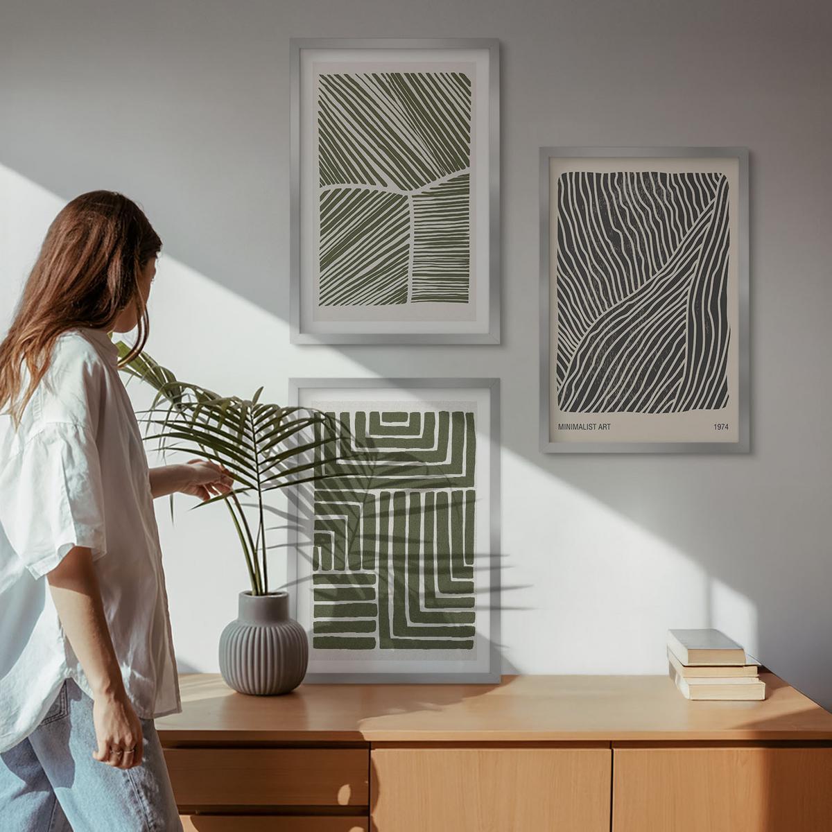 BILDER SET 3er Set - 40x60 cm Silberner Rahmen - Muster Linien Formen grün - Silberfarben, Kunststoff (40/60cm) - TULUP