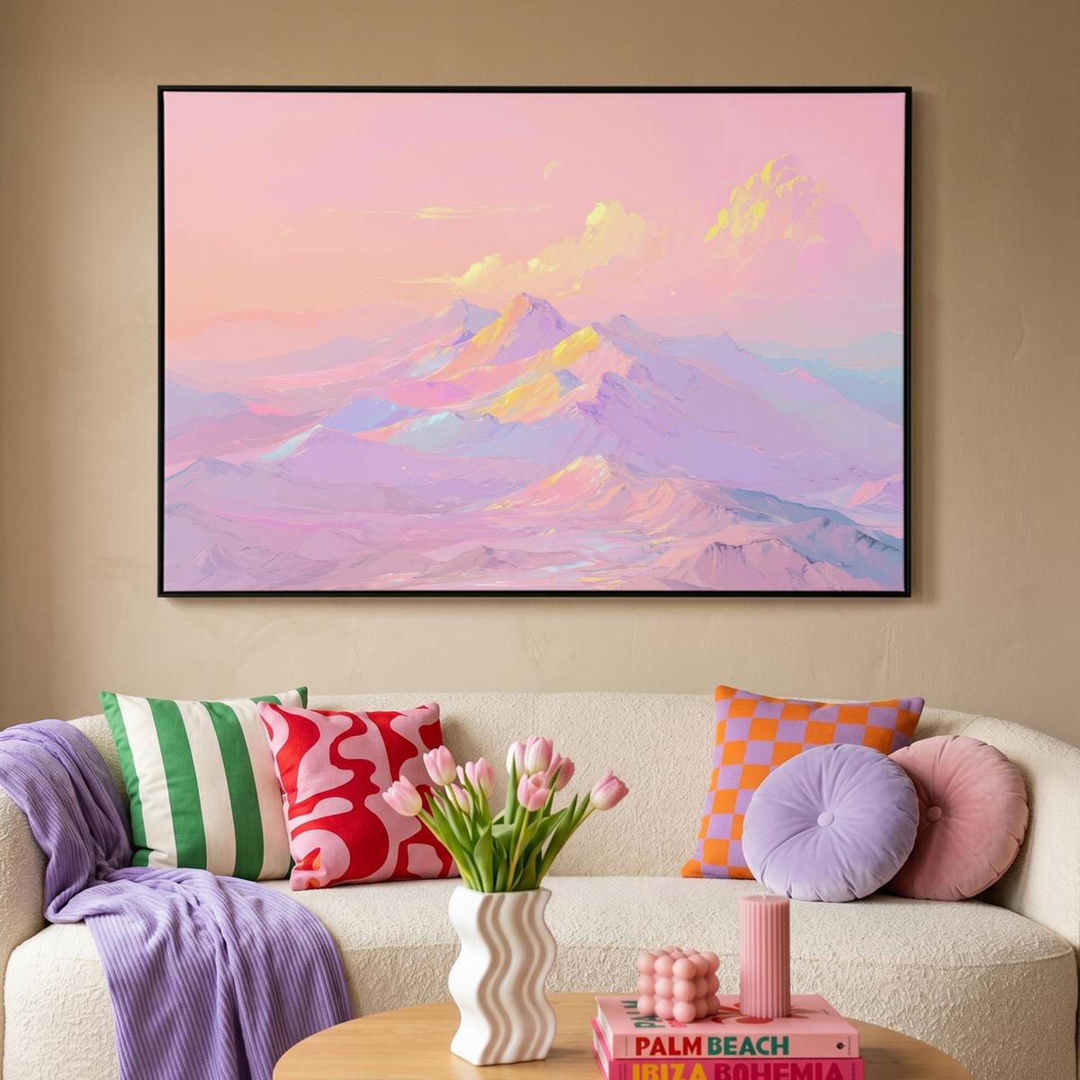 LEINWAND Bilder mit Rahmen - Berggipfel - Wolken - Verträumt - 120x80 - Hellrosa, Textil (120/80cm) - MuchoWow