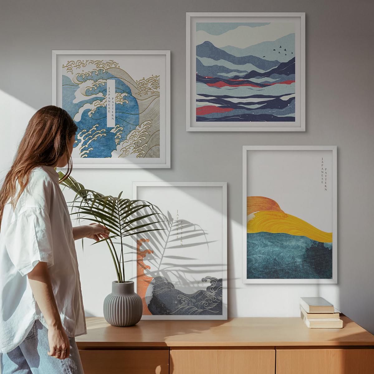 BILDER SET 4er Set - 50x50 cm & 40x60 cm Weißer Rahmen - Wellen – Japanische Kunstgrafik - Weiß, Kunststoff (50/50cm) - TULUP