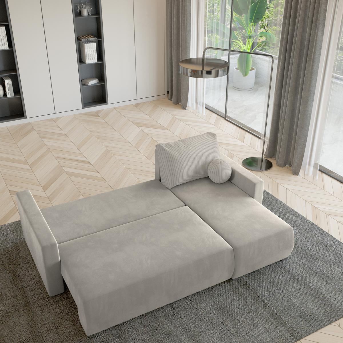 ECKSOFA SORGE Creme Plüsch-Stoff mit Schlaffunktion - Creme, Holz (220/143cm) - MASSENO